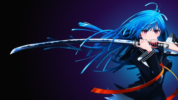 Anime picture 3840x2160 with black bullet kinema citrus tendou kisara assassinwarrior azizkeybackspace single long hair looking at viewer fringe highres breasts simple background red eyes wide image holding blue hair absurdres dark background revision serious