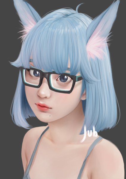 Anime picture 1920x2716 with original lizha (jubi) jubi (regiana) single tall image looking at viewer fringe highres short hair blue eyes simple background bare shoulders signed animal ears blue hair lips realistic grey background mole portrait