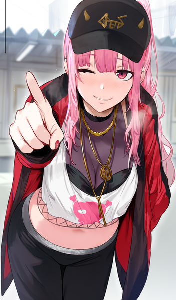 Anime picture 3200x5447 with virtual youtuber hololive hololive english mori calliope mori calliope (streetwear) hews single long hair tall image blush fringe highres breasts light erotic smile red eyes large breasts standing pink hair absurdres