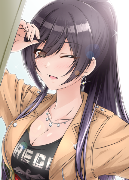 Anime picture 756x1058 with idolmaster idolmaster shiny colors shirase sakuya diesel-turbo single long hair tall image looking at viewer fringe open mouth black hair brown eyes cleavage upper body ponytail one eye closed wink sparkle girl earrings