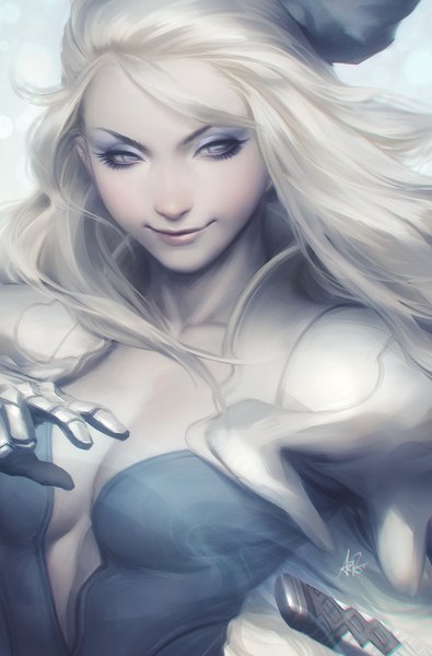 Anime picture 856x1300 with bravely default: flying fairy bravely second square enix edea lee artgerm (stanley lau) single long hair tall image looking at viewer blush breasts blue eyes blonde hair simple background smile signed cleavage upper body very long hair realistic