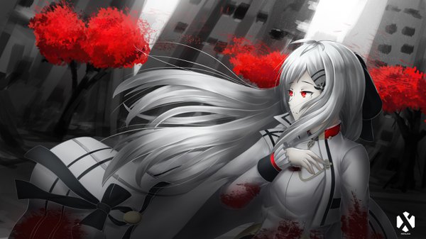 Anime picture 2732x1536 with girls frontline iws-2000 (girls frontline) metalixix single long hair highres red eyes wide image signed looking away wind grey hair expressionless bloody clothes military spot color polychromatic girl dress uniform
