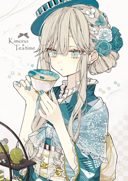 Anime picture 2896x4096 with original akakura single long hair tall image highres blue eyes blonde hair white background holding upper body nail polish traditional clothes japanese clothes hair flower steam aqua nail polish girl hair ornament flower (flowers)