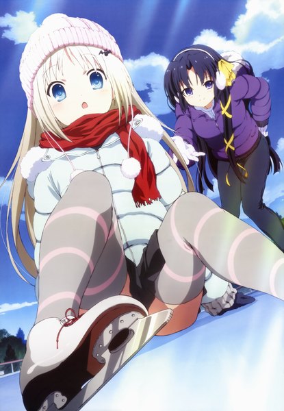 Anime picture 6083x8799 with little busters! key (studio) megami magazine noumi kudryavka kurugaya yuiko long hair tall image highres blue eyes black hair purple eyes multiple girls absurdres cloud (clouds) white hair official art loli girl thighhighs 2 girls