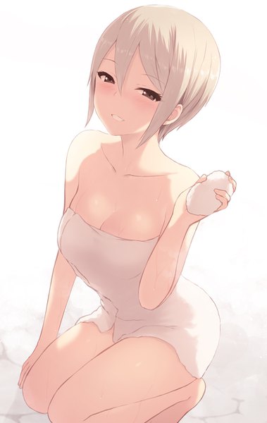 Anime picture 790x1250 with idolmaster idolmaster cinderella girls shiomi shuuko cait single tall image looking at viewer blush fringe short hair breasts light erotic simple background blonde hair hair between eyes white background bare shoulders holding brown eyes payot