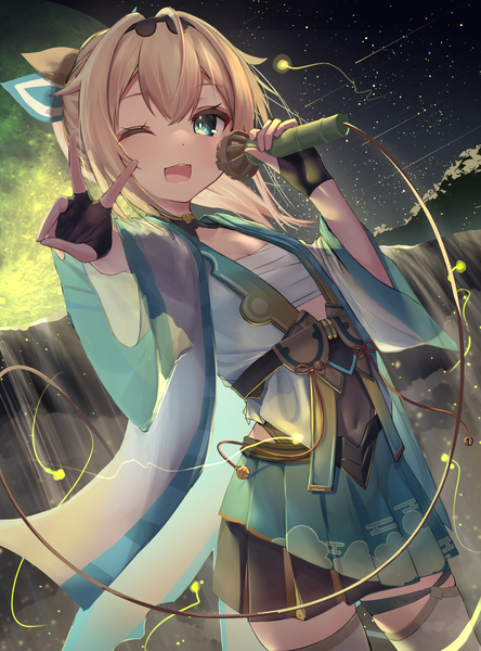 Anime picture 3496x4725 with virtual youtuber hololive kazama iroha kazama iroha (1st costume) inaba teitoku single long hair tall image looking at viewer fringe highres open mouth blonde hair hair between eyes absurdres ponytail one eye closed aqua eyes victory ;d