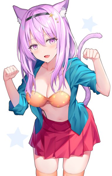 Anime picture 1694x2658 with original rin yuu single long hair tall image looking at viewer blush fringe breasts light erotic simple background hair between eyes large breasts white background purple eyes animal ears payot cleavage purple hair tail