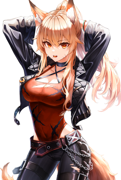 Anime picture 1142x1703 with original star-ring single long hair tall image looking at viewer fringe breasts open mouth simple background blonde hair hair between eyes large breasts standing white background payot ponytail tail animal tail arms up