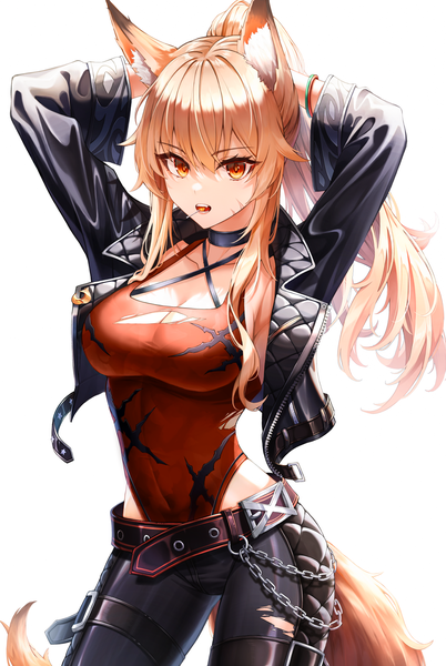 Anime picture 1142x1703 with original star-ring single long hair tall image looking at viewer fringe breasts open mouth blonde hair simple background hair between eyes large breasts standing white background payot ponytail tail animal tail arms up