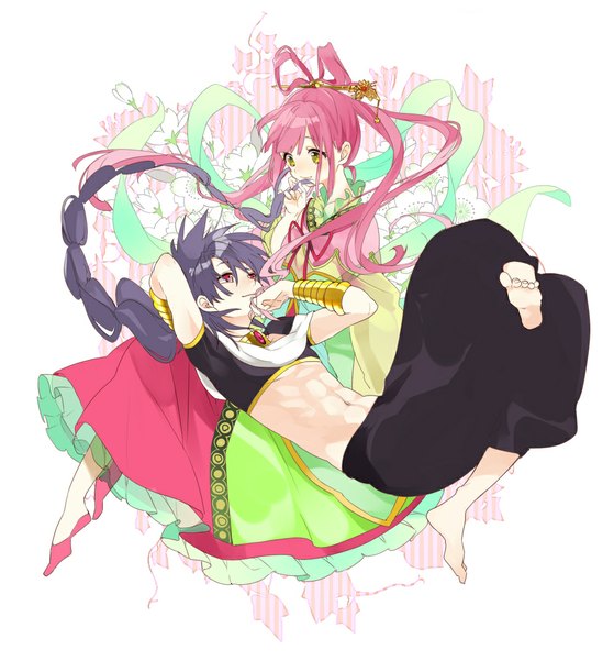 Anime picture 1000x1073 with magi the labyrinth of magic a-1 pictures judal ren kougyoku hoshi ataru long hair tall image blush black hair red eyes yellow eyes pink hair traditional clothes barefoot couple girl boy navel hair ornament flower (flowers)