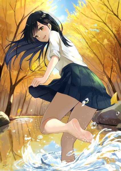 Anime picture 2508x3541 with original may9 single long hair tall image looking at viewer blush highres open mouth black hair smile standing signed yellow eyes sky outdoors :d pleated skirt looking back barefoot