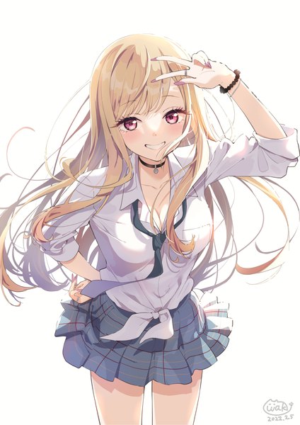 Anime picture 1200x1697 with sono bisque doll wa koi wo suru cloverworks kitagawa marin neki (wakiko) single long hair tall image looking at viewer blush simple background blonde hair smile white background signed nail polish pleated skirt pink eyes fingernails hand on hip grin