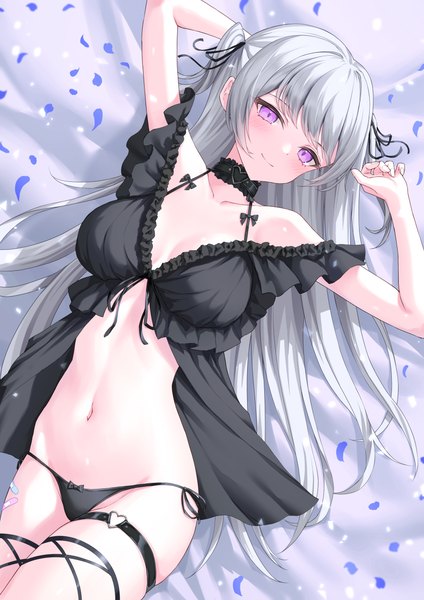 Anime picture 1736x2455 with original lis 111 single long hair tall image looking at viewer blush fringe highres breasts light erotic smile large breasts purple eyes cleavage silver hair lying blunt bangs from above arms up