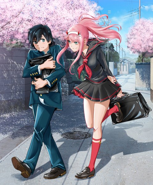 Anime picture 1077x1300 with darling in the franxx studio trigger zero two (darling in the franxx) hiro (darling in the franxx) albyee long hair tall image blush fringe short hair breasts blue eyes black hair smile hair between eyes large breasts holding payot pink hair full body