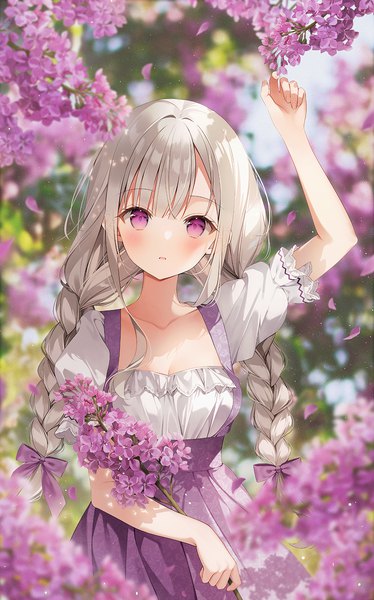 Anime picture 1100x1765 with original weri single long hair tall image looking at viewer blush fringe open mouth standing purple eyes holding payot silver hair outdoors blunt bangs braid (braids) arm up blurry :o