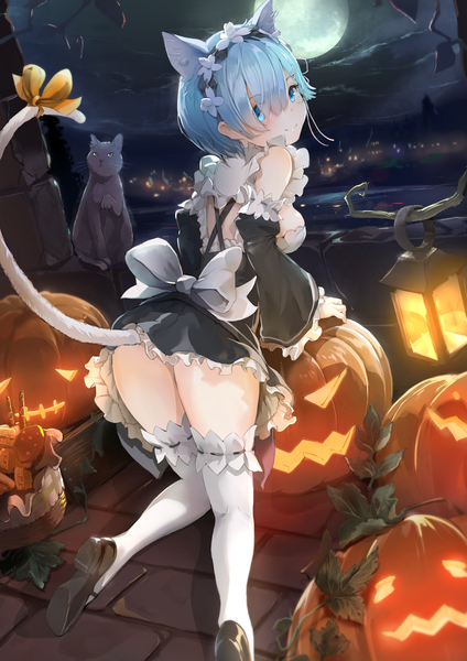 Anime picture 1132x1600 with re:zero kara hajimeru isekai seikatsu white fox rem (re:zero) aqua sau single tall image looking at viewer blush fringe short hair breasts blue eyes light erotic animal ears blue hair cloud (clouds) full body tail animal tail looking back