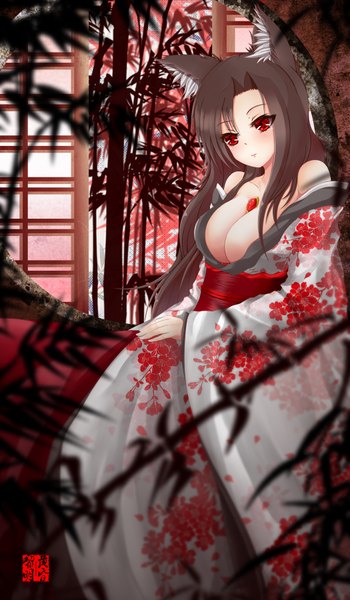 Anime picture 1050x1800 with touhou imaizumi kagerou dusk/dawn single long hair tall image looking at viewer breasts light erotic black hair red eyes animal ears traditional clothes japanese clothes girl plant (plants) tree (trees) kimono obi