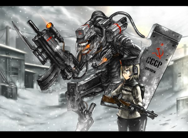 Anime picture 1500x1105 with gia short hair purple eyes silver hair wind snowing letterboxed winter snow mechanical russian soviet girl gloves hat headphones star (symbol) gun robot mecha