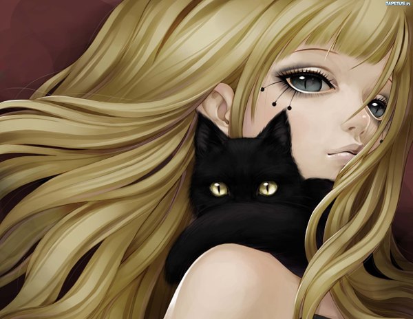 Anime picture 2480x1920 with original dong xiao single long hair looking at viewer fringe highres blonde hair yellow eyes lips from below grey eyes close-up girl animal cat