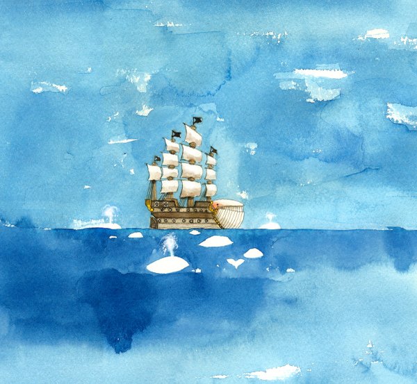 Anime picture 1200x1107 with one piece toei animation moby dick (one piece) kusaco (artist) sky blue background landscape traditional media watercolor (medium) sea watercraft ship whale sailing-ship