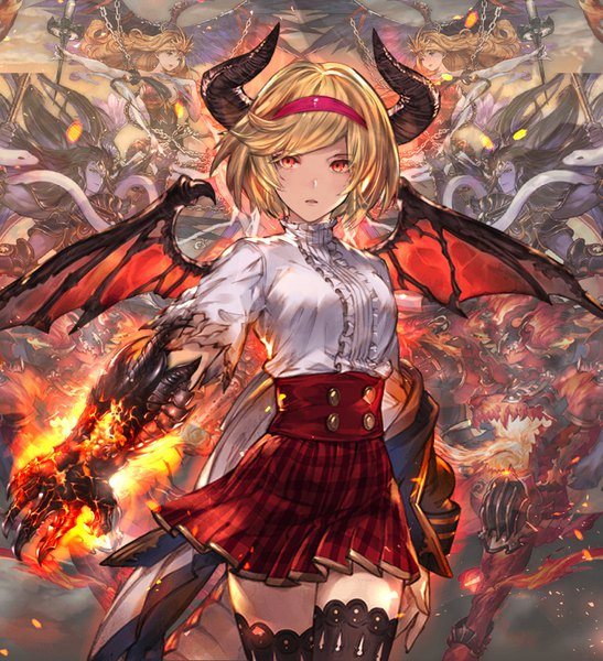 Anime picture 1402x1536 with granblue fantasy gita (granblue fantasy) milli little single tall image looking at viewer fringe short hair open mouth blonde hair red eyes standing pleated skirt horn (horns) open clothes zettai ryouiki torn clothes outstretched arm demon girl demon wings