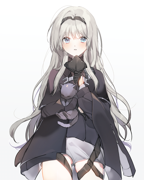 Anime picture 2000x2500 with girls frontline an-94 (girls frontline) 2sham single long hair tall image looking at viewer blush fringe highres blue eyes simple background standing white background holding silver hair parted lips girl gloves animal