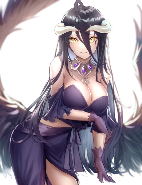 Anime picture 1300x1688 with overlord (maruyama) madhouse albedo (overlord) boa sorte single long hair tall image looking at viewer blush fringe breasts light erotic black hair simple background smile hair between eyes large breasts standing white background yellow eyes