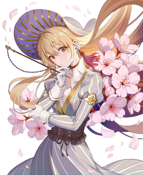 Anime picture 2000x2441 with original teffish single long hair tall image looking at viewer blush fringe highres simple background blonde hair hair between eyes standing white background holding brown eyes puffy sleeves floating hair cherry blossoms striped