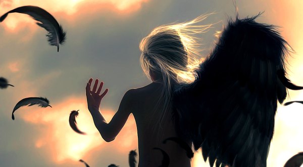 Anime picture 1394x772 with final fantasy square enix sephiroth wen-jr long hair blonde hair wide image sky cloud (clouds) from behind realistic black wings single wing boy feather (feathers)