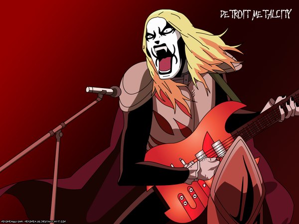 Anime picture 1600x1200 with detroit metal city krauser ii negishi soichi blonde hair nail polish red background boy coat microphone musical instrument guitar