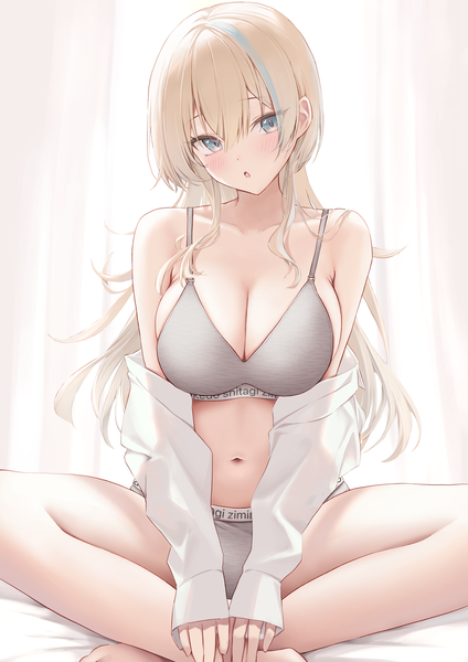 Anime picture 2894x4093 with original huziko32 single long hair tall image looking at viewer blush fringe highres breasts open mouth blue eyes light erotic blonde hair hair between eyes large breasts sitting long sleeves head tilt multicolored hair