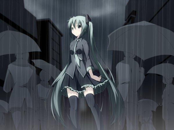 Anime picture 1800x1350 with vocaloid hatsune miku yuzuki kei highres twintails green eyes very long hair green hair rain girl thighhighs skirt black thighhighs miniskirt necktie umbrella