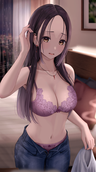 Anime picture 2300x4089 with original inaka 44 single long hair tall image looking at viewer blush fringe highres breasts open mouth light erotic black hair large breasts standing brown eyes indoors arm up blurry night