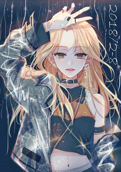 Anime picture 849x1200 with original lococo:p single long hair tall image looking at viewer blonde hair brown eyes signed upper body nail polish parted lips arm up off shoulder open jacket midriff lipstick dated pink lipstick black nail polish