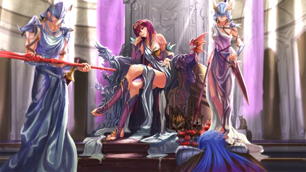 Anime picture 2000x1125 with fate (series) fate/grand order fate/stay night scathach (fate) (all) scathach (fate) ushas long hair fringe highres breasts light erotic blonde hair hair between eyes wide image standing sitting purple eyes bare shoulders multiple girls looking away