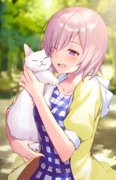 Anime picture 518x800 with fate (series) fate/grand order mash kyrielight haru (hiyori-kohal) tall image blush fringe short hair open mouth purple eyes holding looking away pink hair upper body outdoors one eye closed sunlight blurry hair over one eye happy
