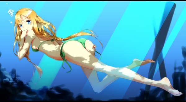 Anime picture 1500x825 with original koyaya (sorano) single long hair blue eyes light erotic blonde hair wide image ass looking back legs underwater girl swimsuit bikini