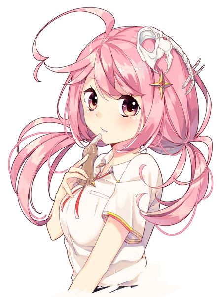 Anime picture 840x1140 with original sakuragi ren single long hair tall image looking at viewer blush fringe breasts white background twintails brown eyes pink hair ahoge short sleeves low twintails girl hair ornament ribbon (ribbons) shirt