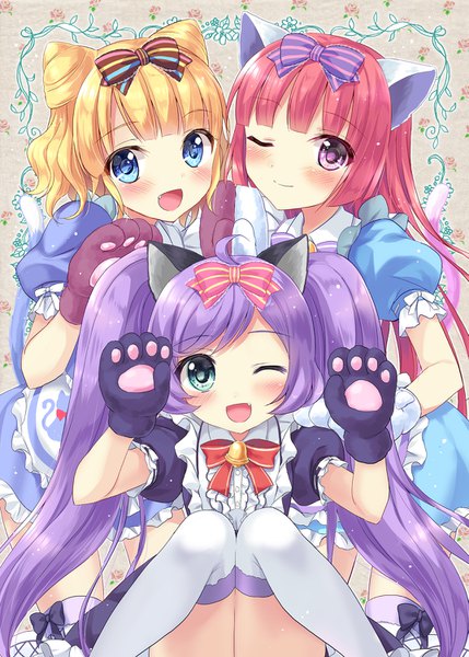 イラスト 1073x1500 と プリパラ プリティーシリーズ 真中らぁら 北条そふぃ 南みれぃ おいも 長髪 長身像 カメラ目線 赤面 前髪 短い髪 開いた口 青い目 light erotic 金髪 笑顔 ツインテール multiple girls 獣耳