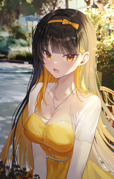Anime picture 2000x3145 with original seno (senohime) single long hair tall image looking at viewer blush fringe highres breasts open mouth black hair standing yellow eyes outdoors blunt bangs multicolored hair two-tone hair fang (fangs) colored inner hair
