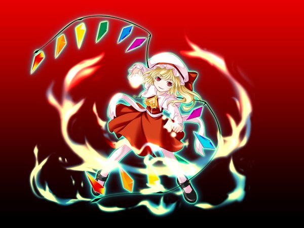 Anime picture 1280x960 with touhou flandre scarlet short hair blonde hair red eyes girl skirt hat wings skirt set fire