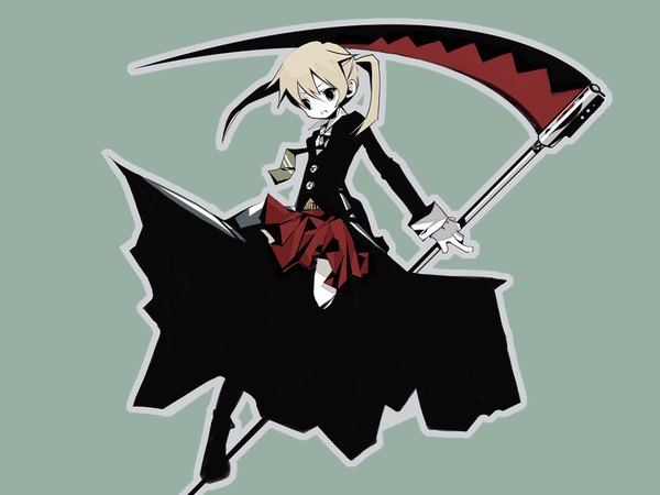 Anime picture 1600x1200 with soul eater studio bones maka albarn long hair highres blonde hair twintails wallpaper gloves necktie jacket boots scythe