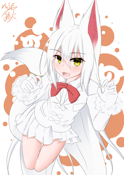 Anime picture 4961x7016 with kemono friends oinari-sama (kemono friends) kitsunebi mifumo single tall image looking at viewer blush fringe highres open mouth hair between eyes signed animal ears yellow eyes absurdres bent knee (knees) white hair tail very long hair animal tail