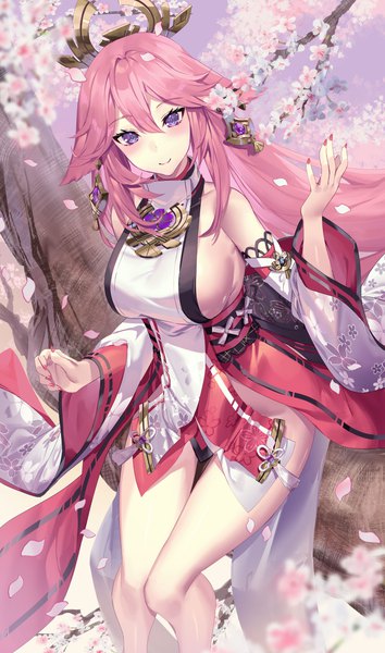 Anime picture 1500x2540 with genshin impact yae miko yoshimoto (dear life) single long hair tall image looking at viewer fringe breasts light erotic smile hair between eyes large breasts sitting purple eyes animal ears pink hair nail polish from above bare legs