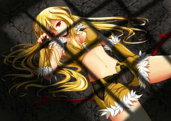 Anime picture 1000x707 with fatkewell single long hair blonde hair red eyes lying nail polish girl navel shorts fingerless gloves arrow (arrows)