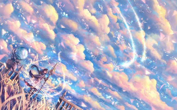 Anime picture 1800x1125 with original bounin single long hair fringe highres black hair smile standing holding looking away sky cloud (clouds) ahoge outdoors long sleeves wind wide sleeves dutch angle zettai ryouiki