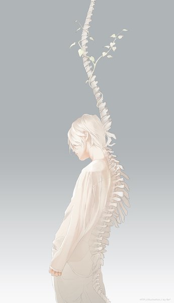 Anime picture 779x1349 with original re (artist) single tall image fringe short hair simple background standing white hair head tilt profile grey background gradient background sleeves past wrists hair over eyes bone (bones) boy plant (plants)