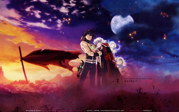 Anime picture 1920x1200 with tengen toppa gurren lagann gainax nia teppelin simon boota xredphoenix long hair highres short hair black hair wide image sky cloud (clouds) white hair inscription couple glowing evening sunset wavy hair