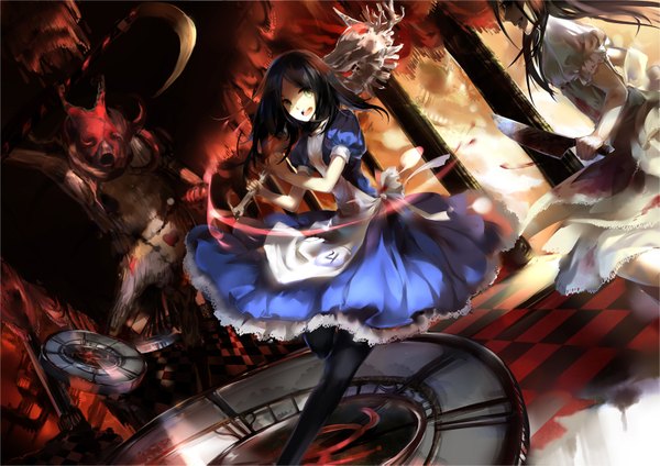 Anime picture 1588x1123 with american mcgee's alice (game) alice: madness returns alice (american mcgee's) h2so4kancel long hair short hair open mouth black hair multiple girls green eyes checkered floor checkered battle bone (bones) girl dress weapon 2 girls pantyhose blood