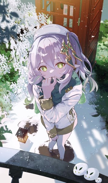 Anime picture 1207x2048 with genshin impact nahida (genshin impact) camunekoz single long hair tall image looking at viewer fringe smile hair between eyes standing green eyes silver hair from above pointy ears one side up symbol-shaped pupils winter snow girl